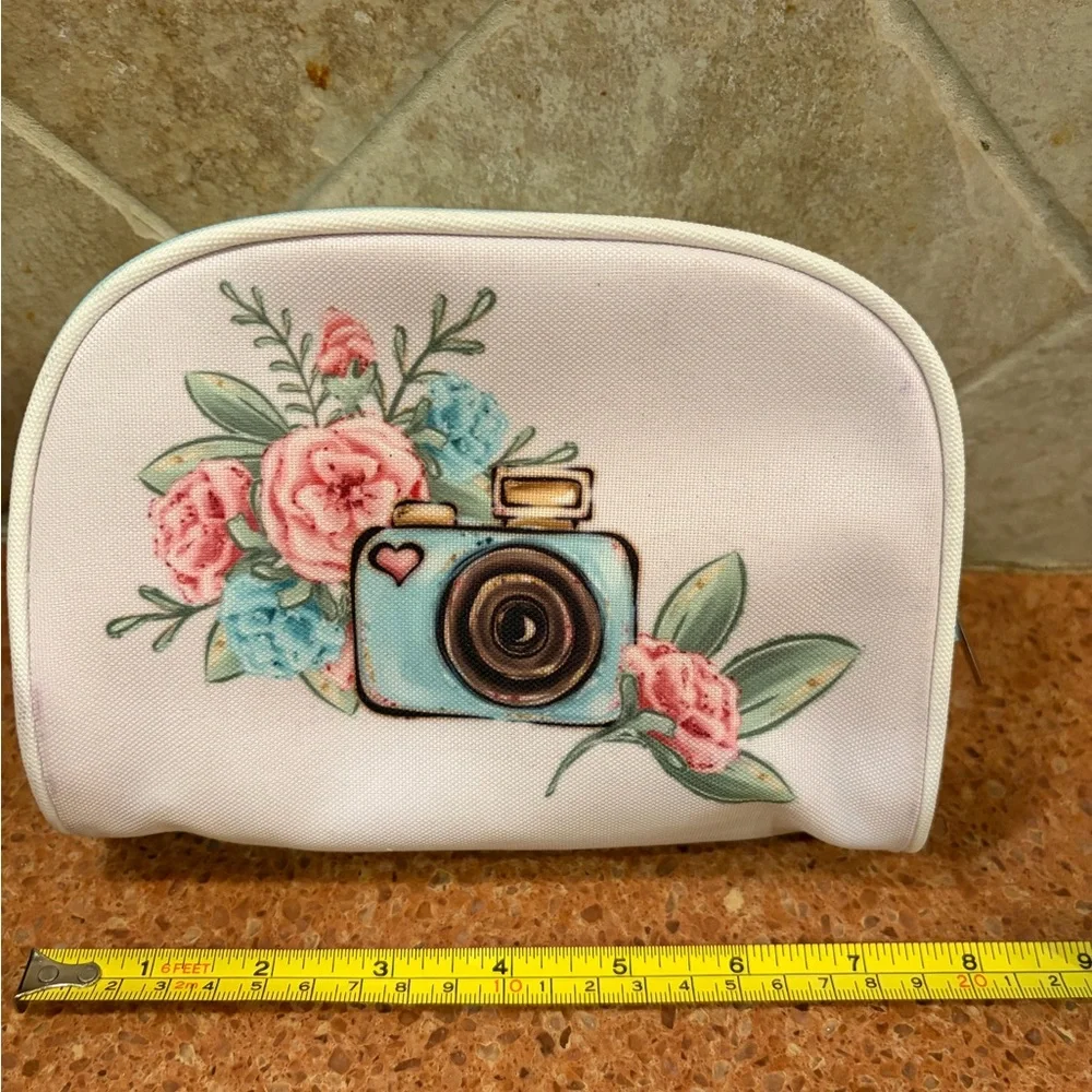 Floral Camera Cosmetic Pouch - White with Pink & Blue Accents